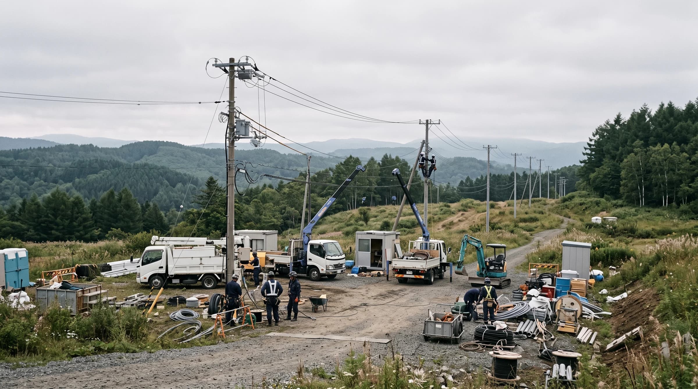 北海道の現場で送電線工事を行う作業員たち