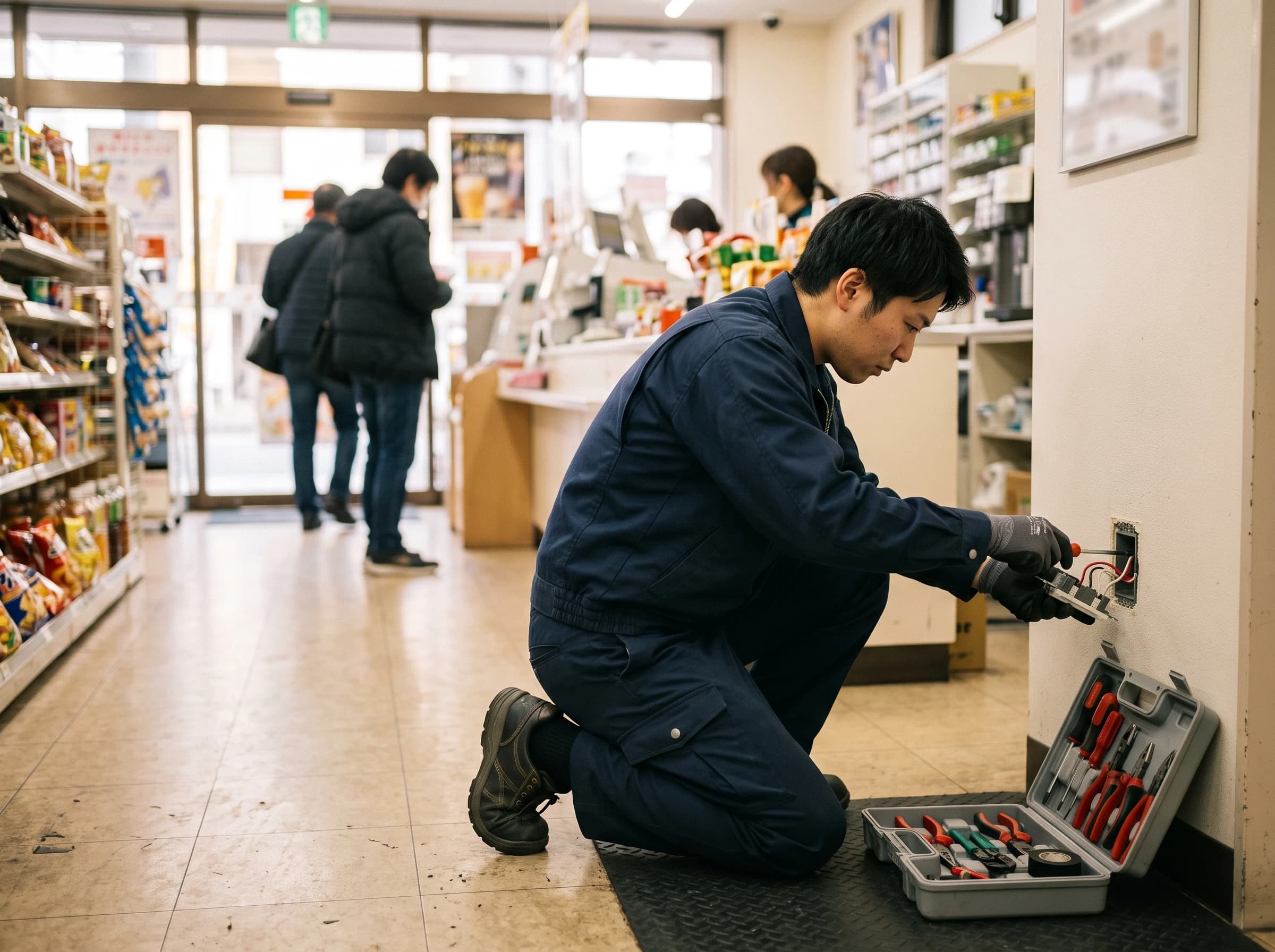 店舗の壁面コンセントを修理する電気工事士