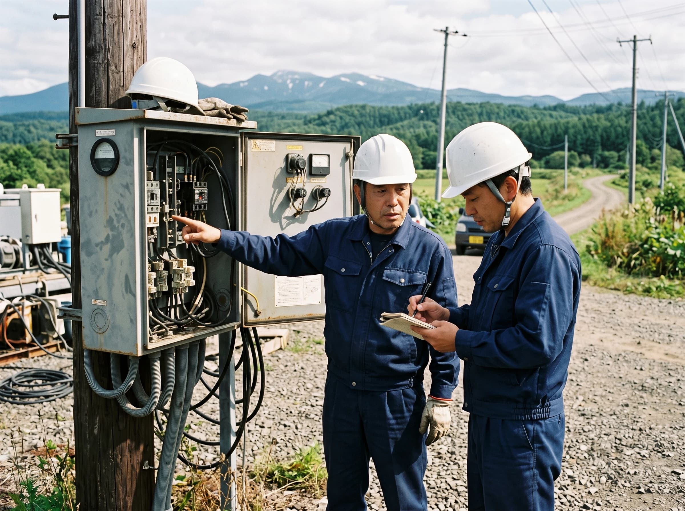 現場で電気設備を確認する2名の電気工事士